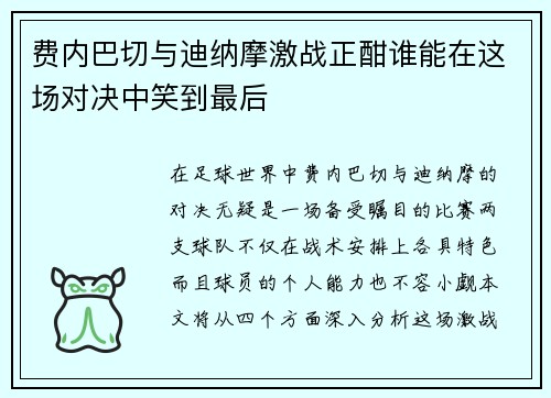 费内巴切与迪纳摩激战正酣谁能在这场对决中笑到最后