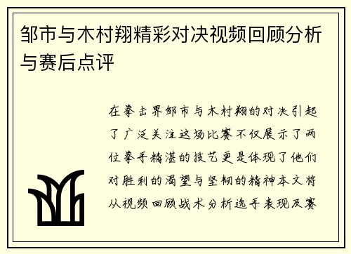 邹市与木村翔精彩对决视频回顾分析与赛后点评