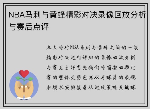 NBA马刺与黄蜂精彩对决录像回放分析与赛后点评