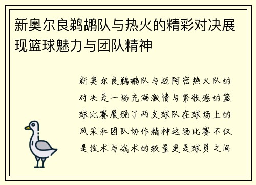 新奥尔良鹈鹕队与热火的精彩对决展现篮球魅力与团队精神