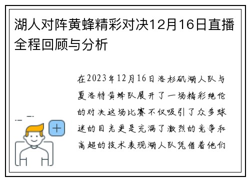 湖人对阵黄蜂精彩对决12月16日直播全程回顾与分析