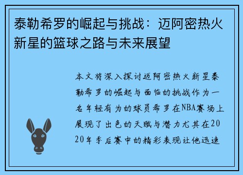 泰勒希罗的崛起与挑战：迈阿密热火新星的篮球之路与未来展望