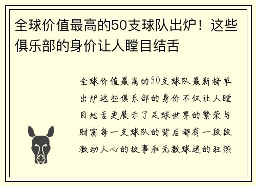 全球价值最高的50支球队出炉！这些俱乐部的身价让人瞠目结舌