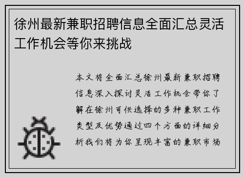 徐州最新兼职招聘信息全面汇总灵活工作机会等你来挑战