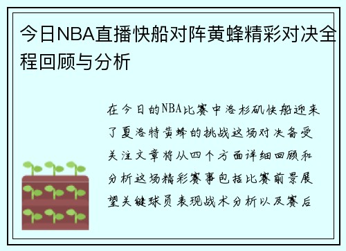 今日NBA直播快船对阵黄蜂精彩对决全程回顾与分析