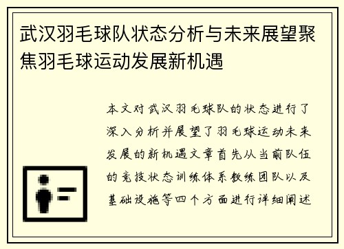 武汉羽毛球队状态分析与未来展望聚焦羽毛球运动发展新机遇