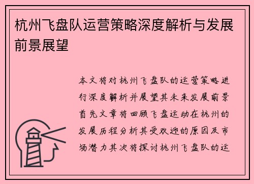 杭州飞盘队运营策略深度解析与发展前景展望