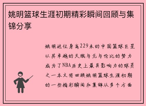 姚明篮球生涯初期精彩瞬间回顾与集锦分享