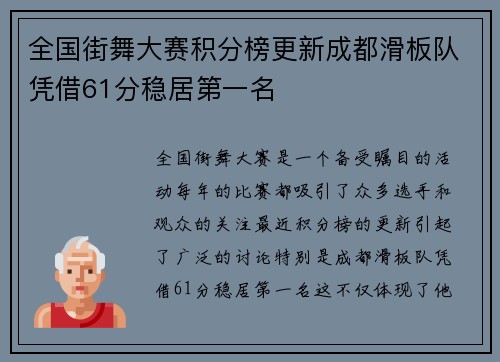 全国街舞大赛积分榜更新成都滑板队凭借61分稳居第一名