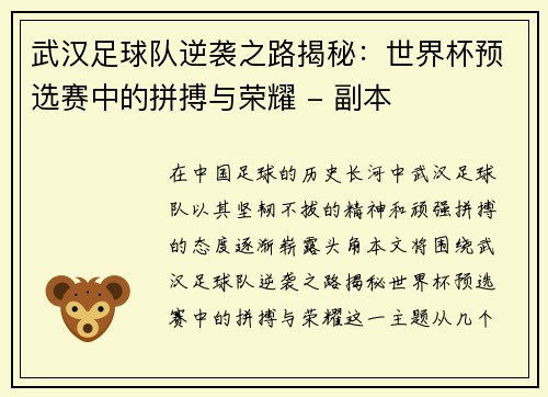 武汉足球队逆袭之路揭秘：世界杯预选赛中的拼搏与荣耀 - 副本
