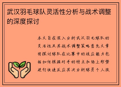 武汉羽毛球队灵活性分析与战术调整的深度探讨